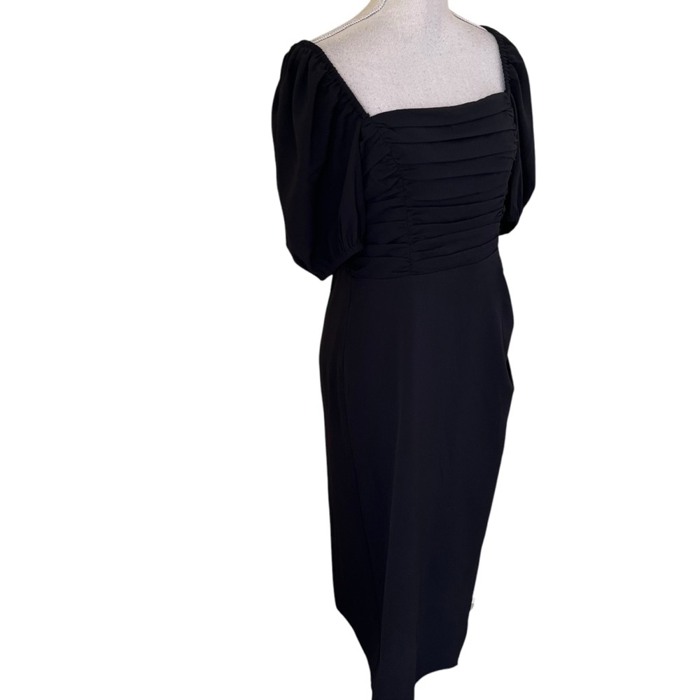 French Connection "Afina" Black Ruched Puff Sleeve Midi Dress with Slit M - Picture 9 of 15